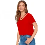 Women's Polyester, Knitting Western Wear T-Shirt (Red) - Image 3