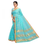 Women's Kota Doria Cotton Checked Saree With Blouse (Sky Blue, 5-6 Mtrs) - Image 4