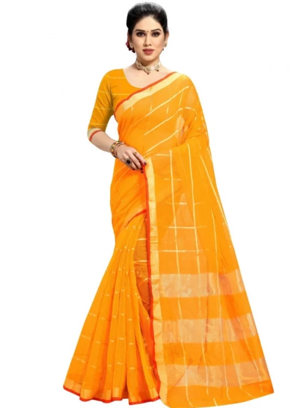 Women's Kota Doria Cotton Checked Saree With Blouse (Yellow, 5-6 Mtrs)