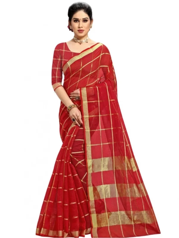 Women's Kota Doria Cotton Checked Saree With Blouse (Red, 5-6 Mtrs)