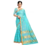 Women's Kota Doria Cotton Checked Saree With Blouse (Sky Blue, 5-6 Mtrs)