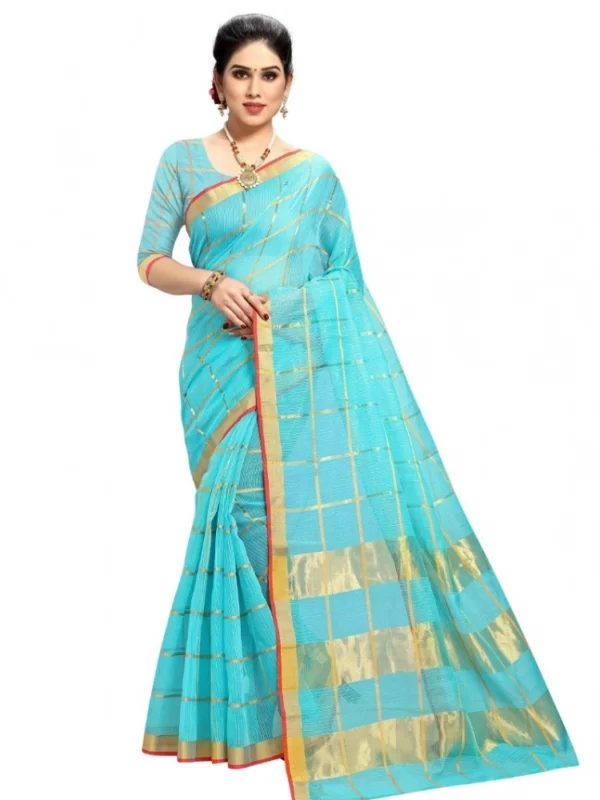 Women's Kota Doria Cotton Checked Saree With Blouse (Sky Blue, 5-6 Mtrs)