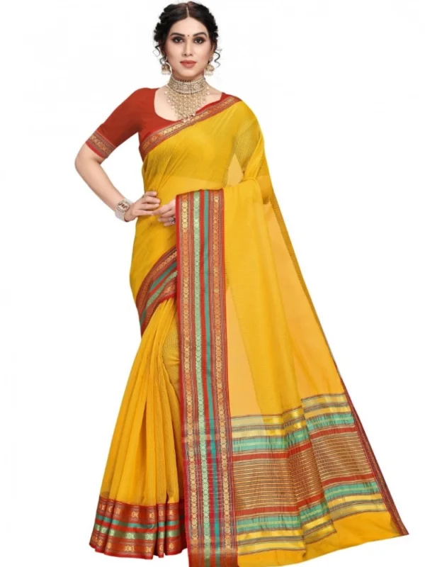 Women's Kota Doria Cotton Bordered Saree With Blouse (Yellow, 5-6 Mtrs)