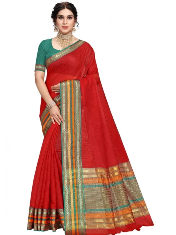Women's Kota Doria Cotton Bordered Saree With Blouse (Red, 5-6 Mtrs)