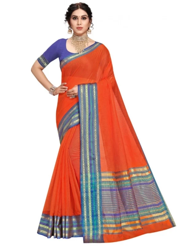 Women's Kota Doria Cotton Bordered Saree With Blouse (Fanta, 5-6 Mtrs)