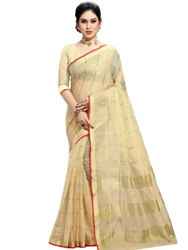 Women's Kota Doria Cotton Checked Saree With Blouse (Beige, 5-6 Mtrs)