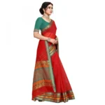 Women's Kota Doria Cotton Bordered Saree With Blouse (Red, 5-6 Mtrs) - Image 3