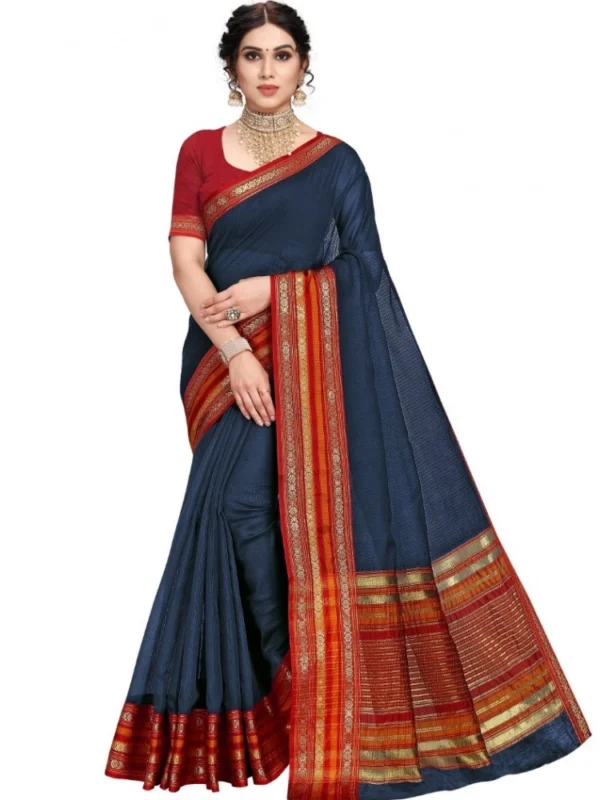 Women's Kota Doria Cotton Bordered Saree With Blouse (Navy Blue, 5-6 Mtrs)