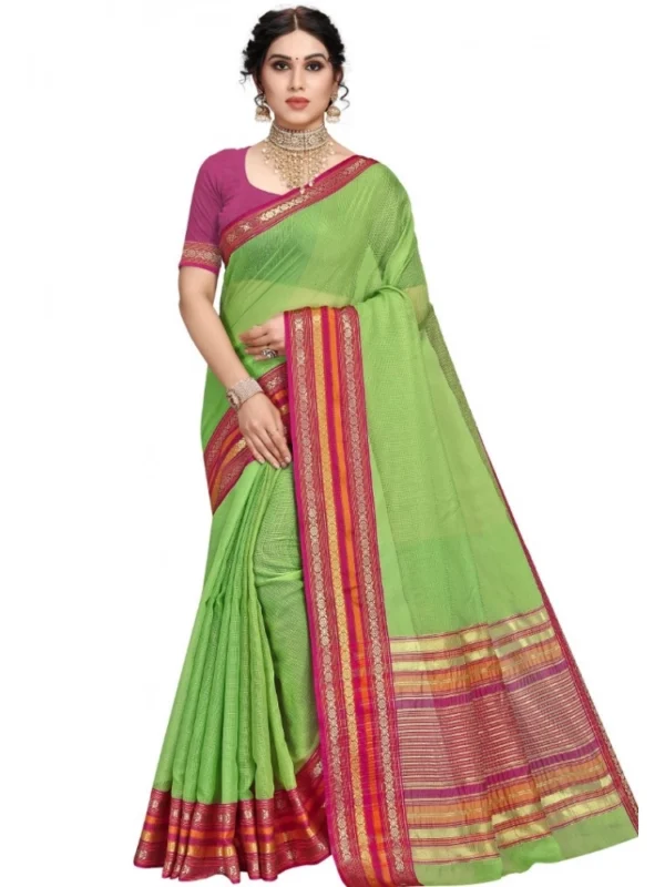 Women's Kota Doria Cotton Bordered Saree With Blouse (Light Green, 5-6 Mtrs)