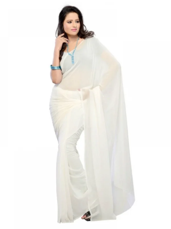 Women's Georgette Plain Saree With Blouse (white, 5-6 Mtrs)