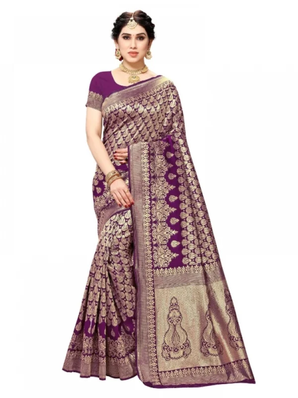 Women's Jacquard Silk Kanjivaram Jacquard Silk Saree With Blouse (Jamli, 5-6 Mtrs)