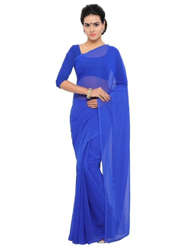Women's Georgette Plain Saree With Blouse (Royal Blue, 5-6 Mtrs)