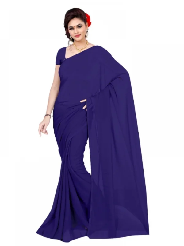 Women's Georgette Plain Saree With Blouse (Navy Blue, 5-6 Mtrs)