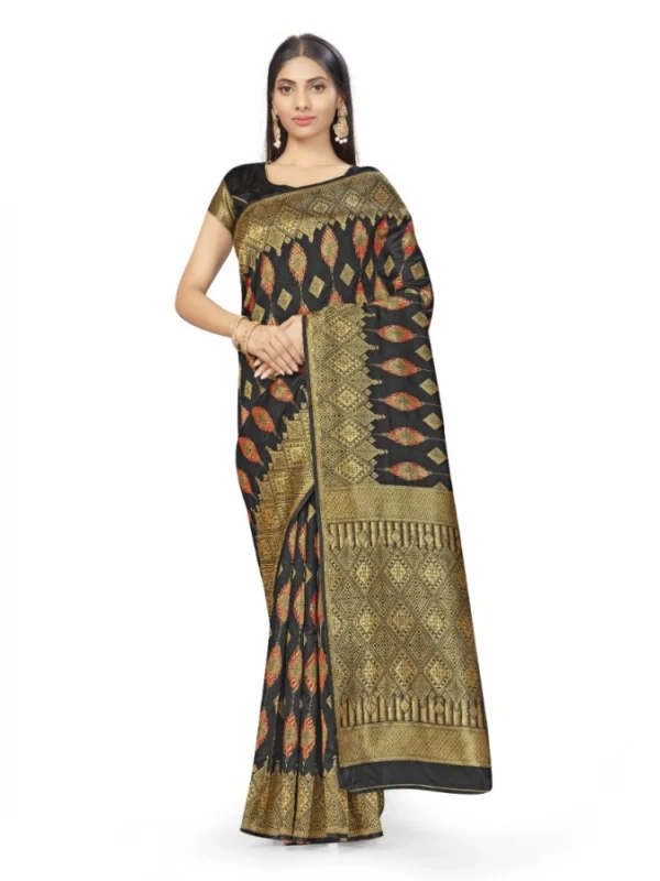 Women's Banarasi Silk Saree With Blouse (Black, 5-6Mtrs)