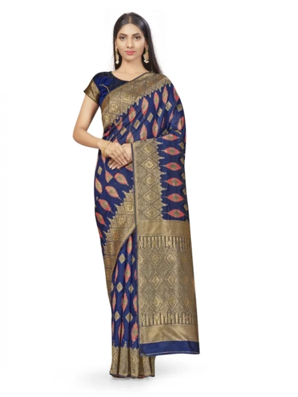 Women's Banarasi Silk Saree With Blouse (Navy Blue, 5-6Mtrs)