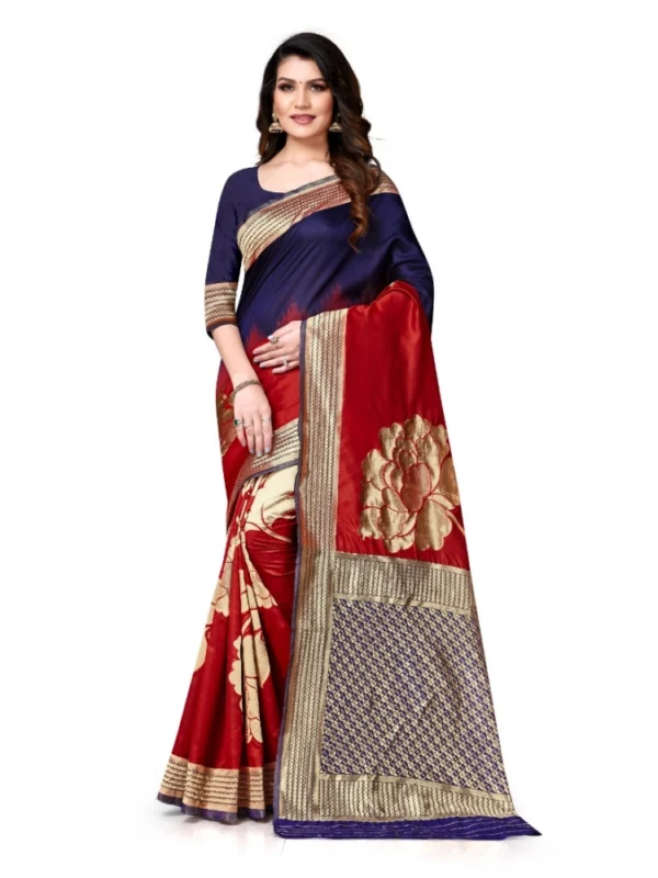 Women's Banarasi Silk Saree With Blouse (Navy Blue, Red, 5-6Mtrs)