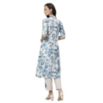 Women's Cotton Printed Floral Print Kurti (White, Blue, Cotton) - Image 2