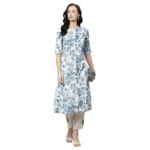 Women's Cotton Printed Floral Print Kurti (White, Blue, Cotton) - Image 3