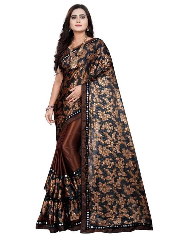 Women's Lycra Blend Saree with Blouse (Coffee, 5-6 Mtrs)