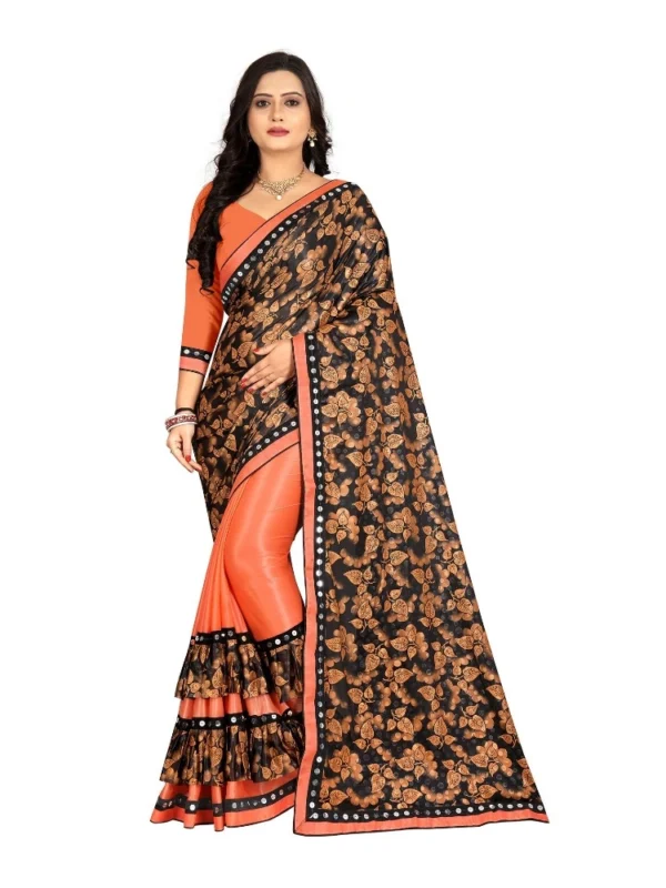 Women's Lycra Blend Saree with Blouse (Orange, 5-6 Mtrs)