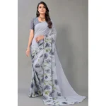Women's Georgette Printed Saree With Unstitched Blouse (Grey) - Image 3