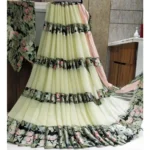 Women's Satin Patta Printed Saree With Unstitched Blouse (Cream) - Image 2
