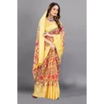 Women's Satin Patta Printed Saree With Unstitched Blouse (Yellow) - Image 3
