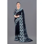 Women's Satin Patta Printed Saree With Unstitched Blouse (Black) - Image 2