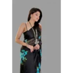 Women's Satin Patta Printed Saree With Unstitched Blouse (Blue) - Image 3