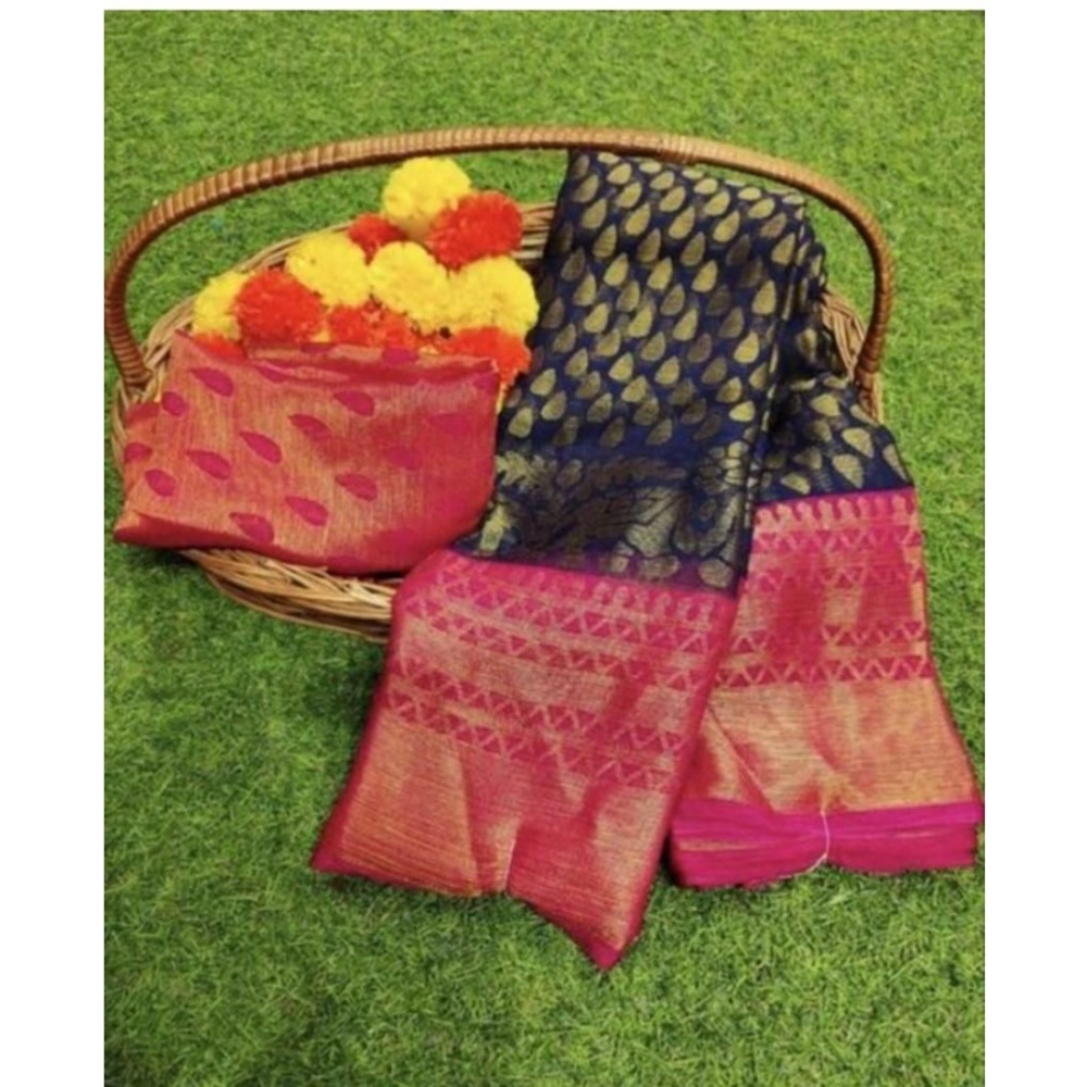 53313384303_3cd0f5ac12_o_d-1000x1000-1.webp Women's Viscose Rayon Printed Saree With Unstitched Blouse (Navy Blue) - Image 1