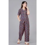 Women's Casual Half Sleeve Printed Viscose Rayon Shirt With Pyjama Pant Night Suit Set (Blue) - Image 3