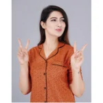 Women's Casual Half Sleeve Printed Viscose Rayon Shirt With Pyjama Pant Night Suit Set (Brown) - Image 3