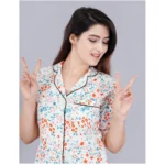 Women's Casual Half Sleeve Printed Viscose Rayon Shirt With Pyjama Pant Night Suit Set (White) - Image 2