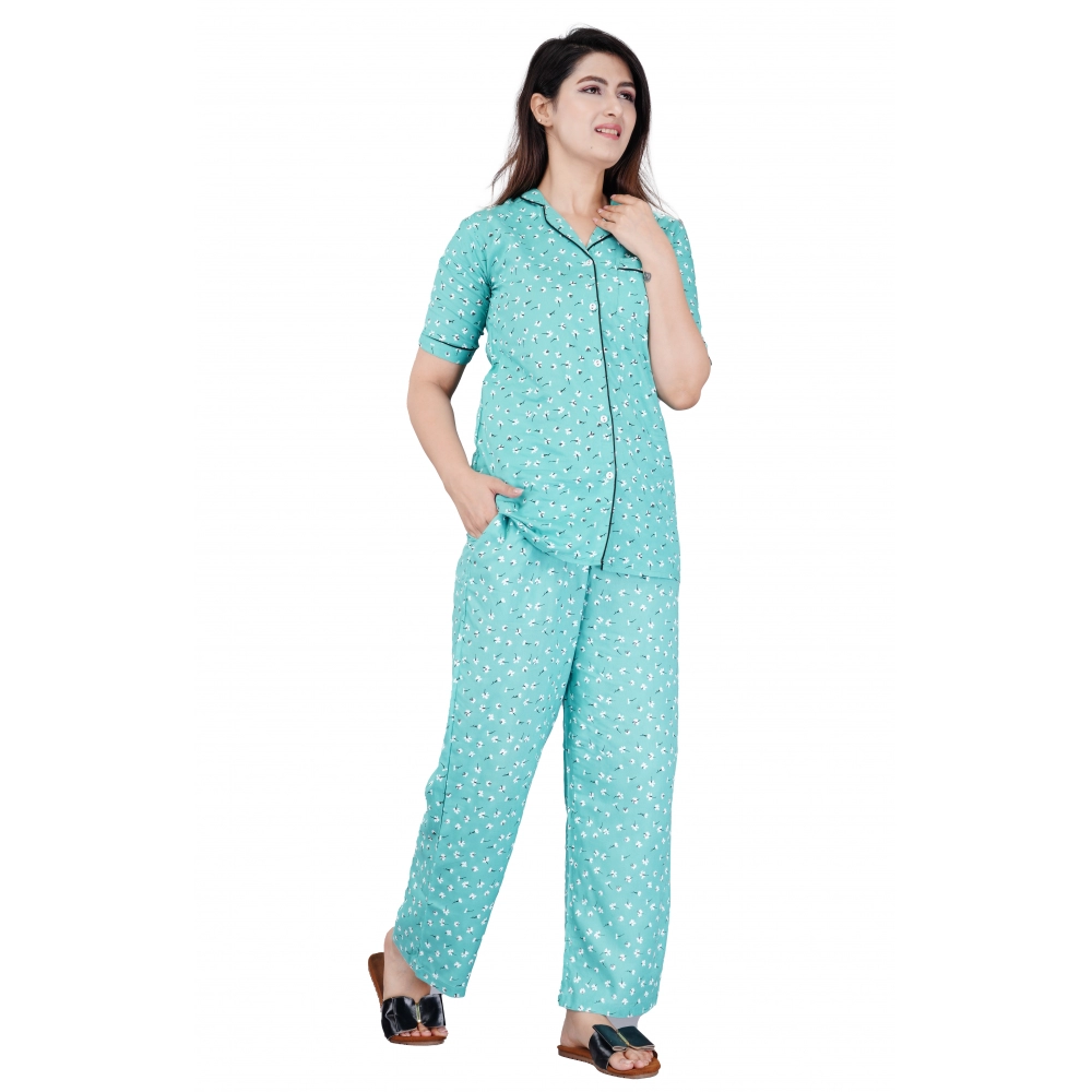 53518405783_74f5db6a4c_o_d-1000x1000-1.webp Women's Casual Half Sleeve Printed Viscose Rayon Shirt With Pyjama Pant Night Suit Set (Green) - Image 1
