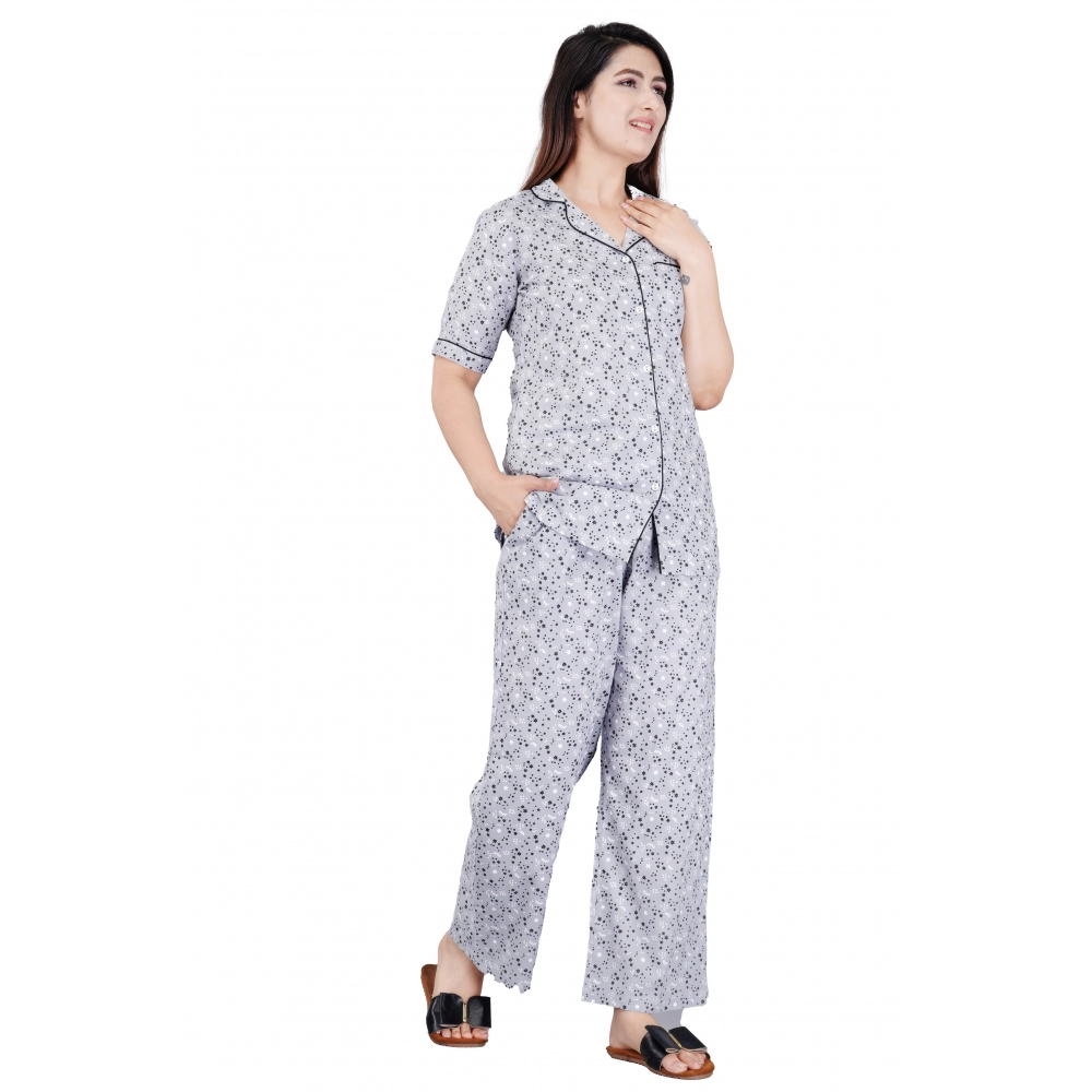 53518555669_774ff33f90_o_d-1000x1000-1.webp Women's Casual Half Sleeve Printed Viscose Rayon Shirt With Pyjama Pant Night Suit Set (Grey) - Image 1
