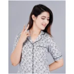 Women's Casual Half Sleeve Printed Viscose Rayon Shirt With Pyjama Pant Night Suit Set (Grey) - Image 4