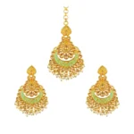Women's Rose Gold Plated Alloy Kundan Earrings & Mangtikka (Green)