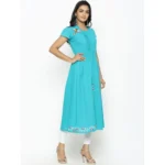 Women's Casual Short Sleeve Embroidery Cotton Slub Kurti (Torque Green) - Image 3