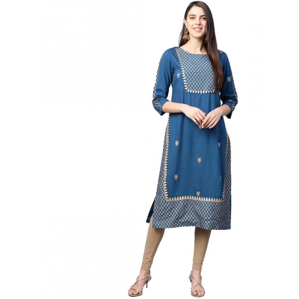 53589744262_496a0a9004_o_d-1000x1000-1.webp Women's Casual 3/4 th Sleeve Floral Printed Rayon Kurti (Blue) - Image 1