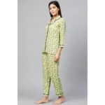 Women's Casual 3/4 Sleeve Floral Printed Rayon Shirt With Pyjama Pant Night Suit Set (Green) - Image 5