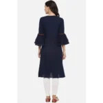 Women's Casual Bell Sleeves Solid Cotton Slub Kurti (Blue) - Image 2