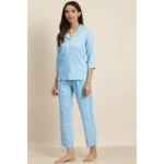 Women's Casual 3/4 th Sleeve Floral Printed Rayon Shirt With Pyjama Pant Night Suit Set (Blue) - Image 5