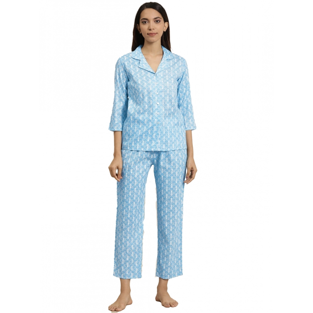 53590822203_730ec77f41_o_d-1000x1000-1.webp Women's Casual 3/4 th Sleeve Floral Printed Rayon Shirt With Pyjama Pant Night Suit Set (Blue) - Image 1