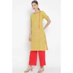 Women's Casual Short Sleeves Floral Printed Cotton & Rayon Kurti Palazzo Set (Yellow & Red) - Image 3