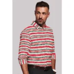 Men's Cotton Blended Striped Full Sleeve Shirt (Red-White) - Image 4