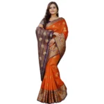 Women's Silk Blend Woven Saree With Unstitched Blouse 5.5Mtr (Gold-Orange) - Image 3