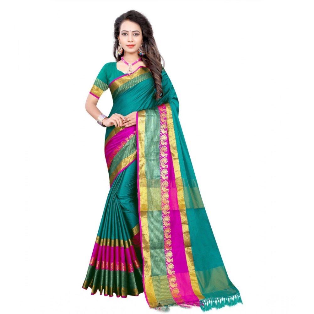 53926442204_e1b64f41a4_o_d-1000x1000-1.webp Women's Jacquard Woven Saree With Unstitched Blouse 5.5Mtr (Dark Green) - Image 1