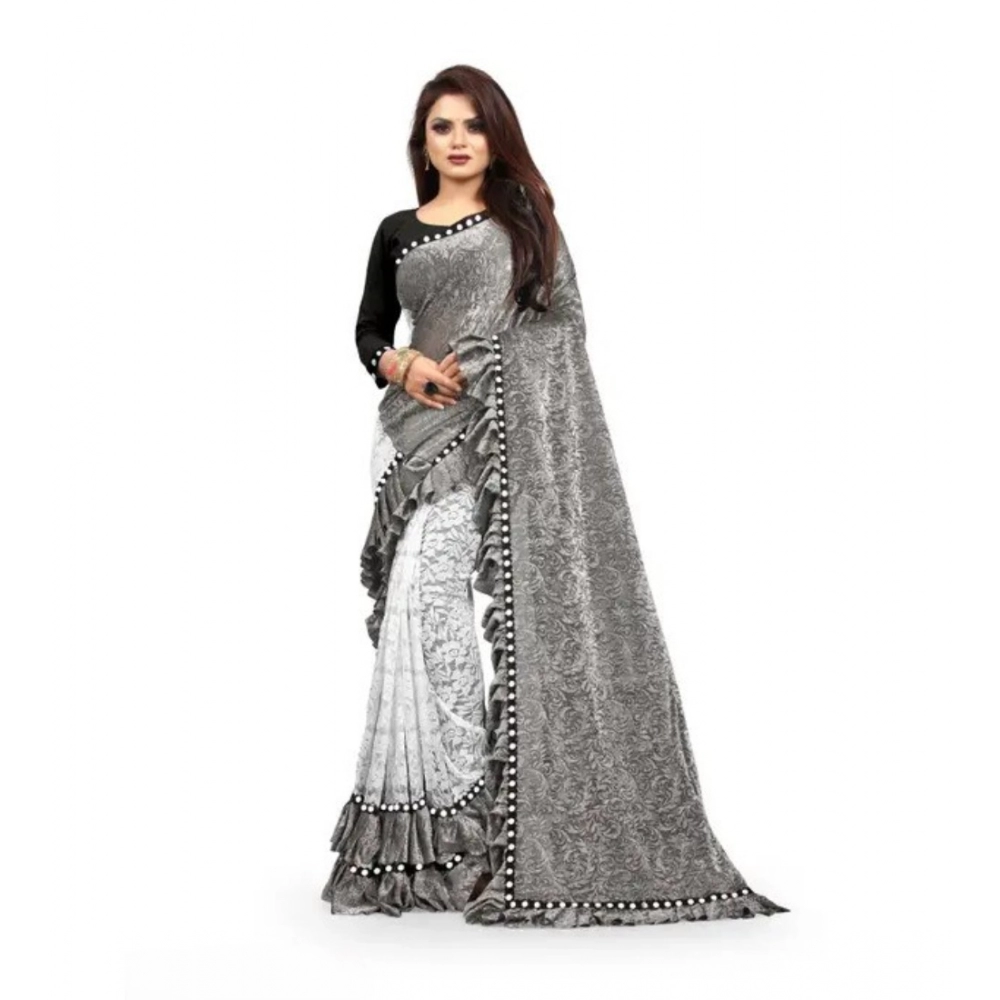54019153917_f0ddec65b2_o_d-1000x1000-1.webp Women's Silk With Mirror Lace Solid Saree With Unstitched Blouse (Grey, 5-5 Mtrs) - Image 1