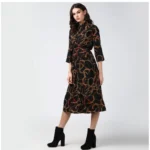 Women's Polyester Chain Print Roll Up Sleeve Below Knee Dress (Black - Yellow) - Image 3