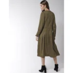 Women's Polyester Pintuck Long Sleeves Below Knee Dress (Olive) - Image 6